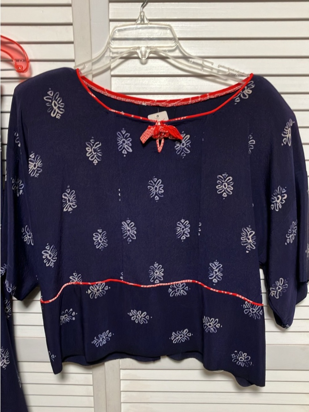 Women's Navy Floral-Print Blouse with Red Trim
